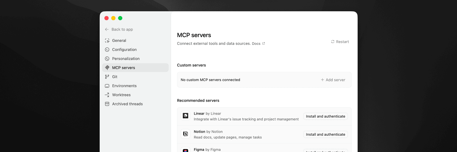 Вкладка MCP servers в настройках Codex