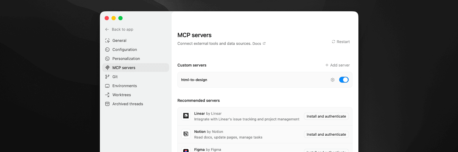 html.to.design в списке инструментов Codex